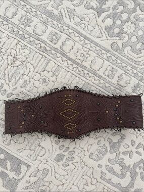 Embroidered Wide Brown Leather Waist Belt with Stud Detail